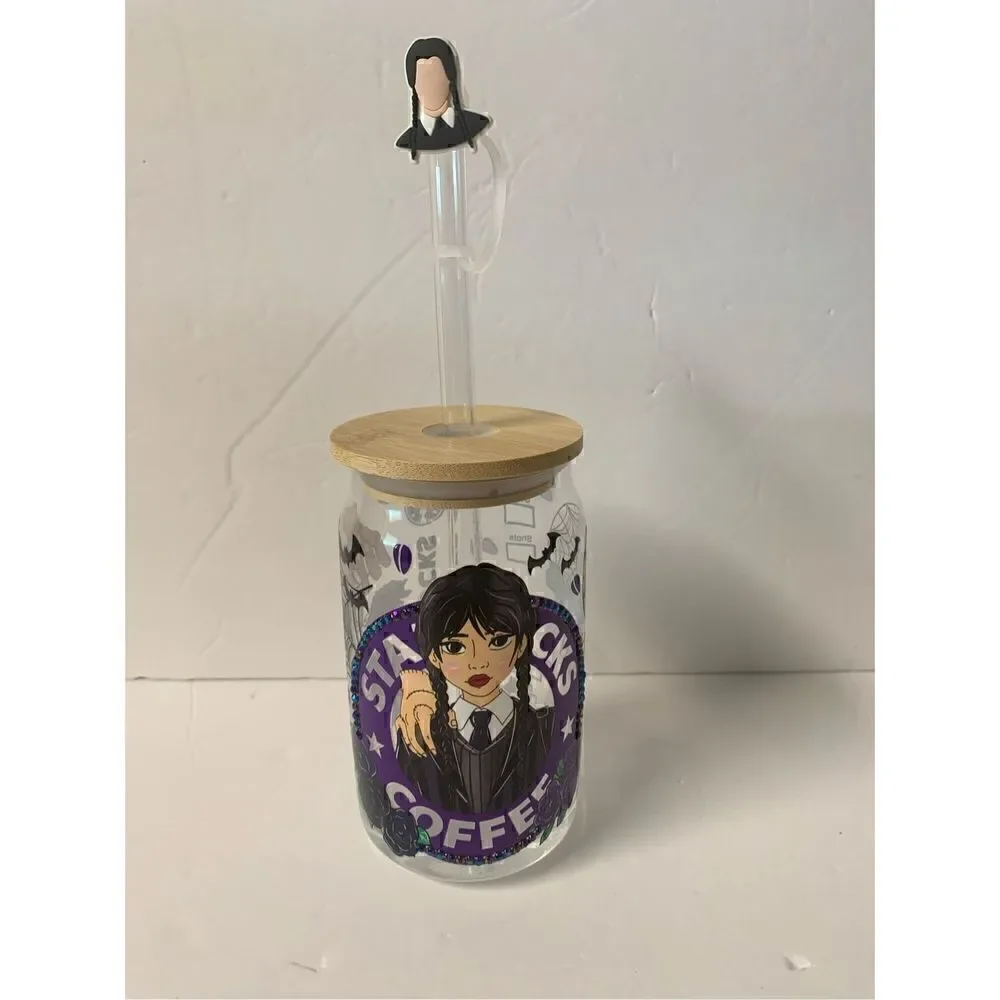 Handmade Beer can shaped glass cup with Bamboo lid, straw topper, Wednesday